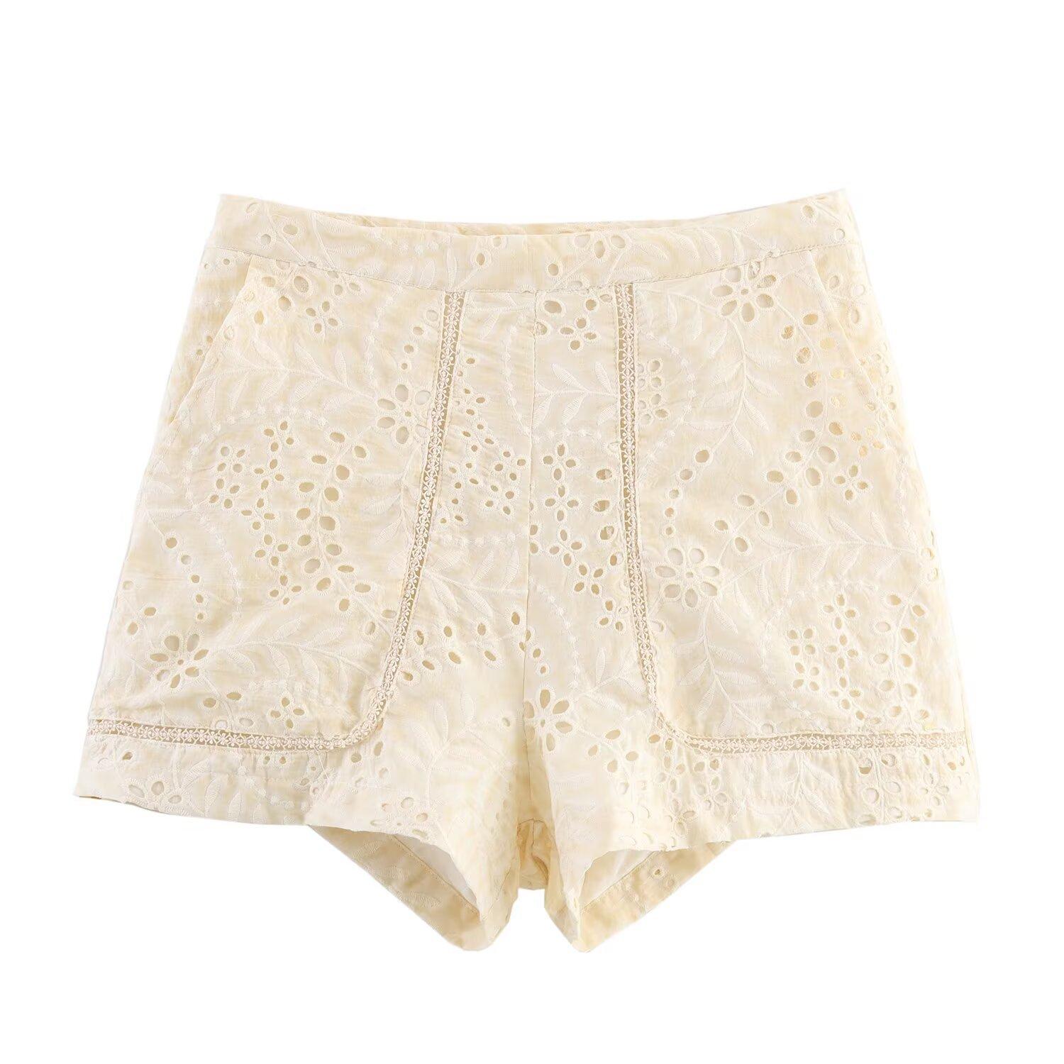 European and American style, new women s clothing, hollow embroidered shirt, hollow embroidered Bermuda shorts XS