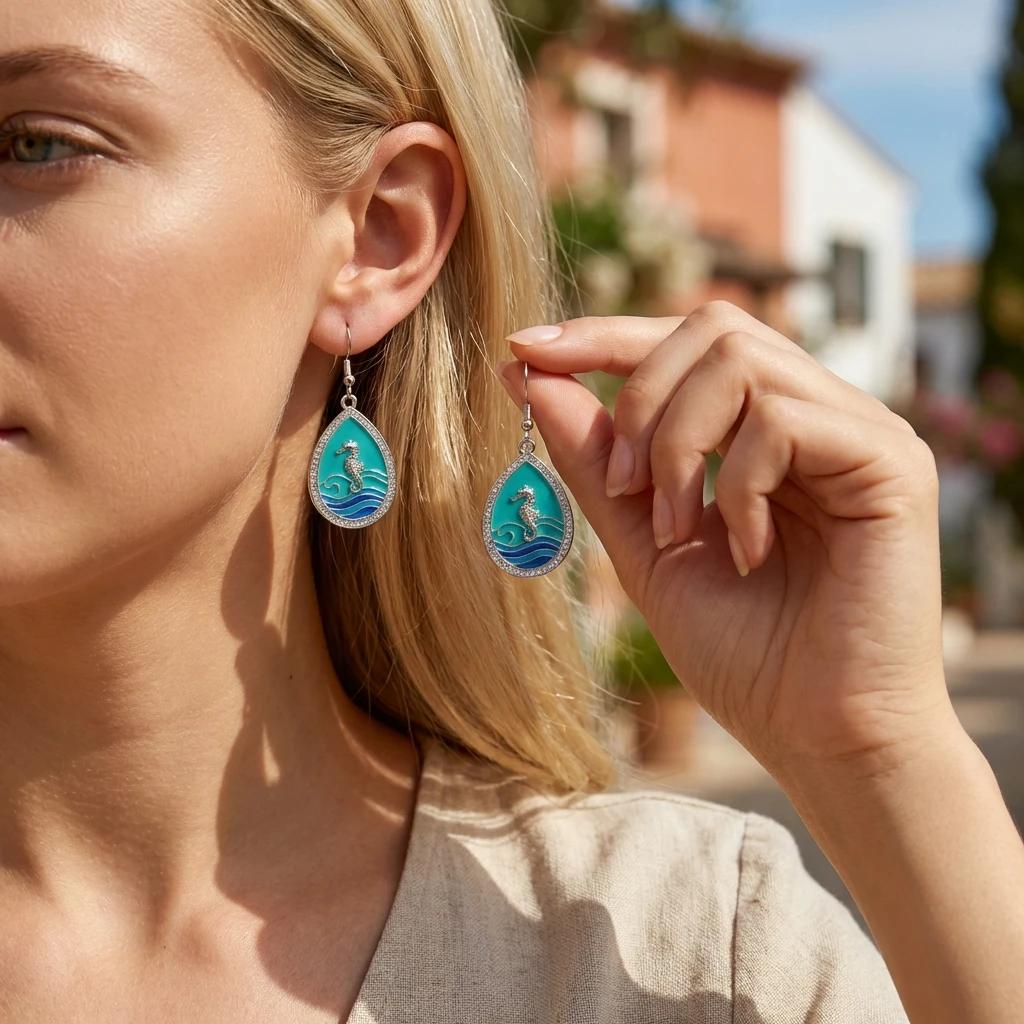 Blue Enamel Seahorse Teardrop Dangle Earrings For Women Ocean Wave Earring Silver Color Boho Summer Beach Jewelry