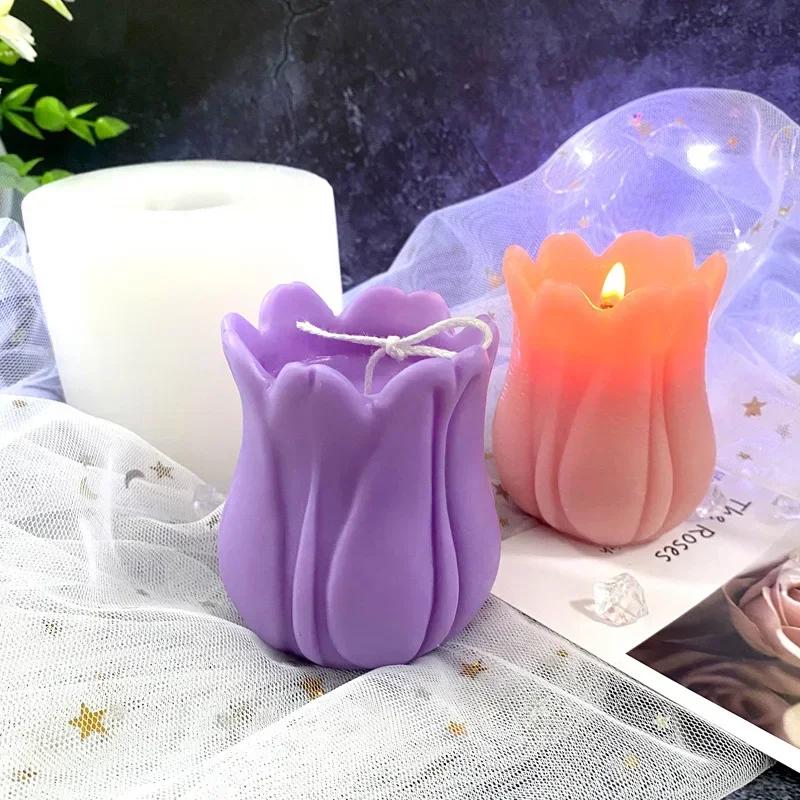 Moule en Silicone Bougie d'Aromathérapie Fleur de Tulipe Tridimensionnelle 3D Artisanat Créatif en Plâtre Décoration de Voiture Moule à Savon Fait Main