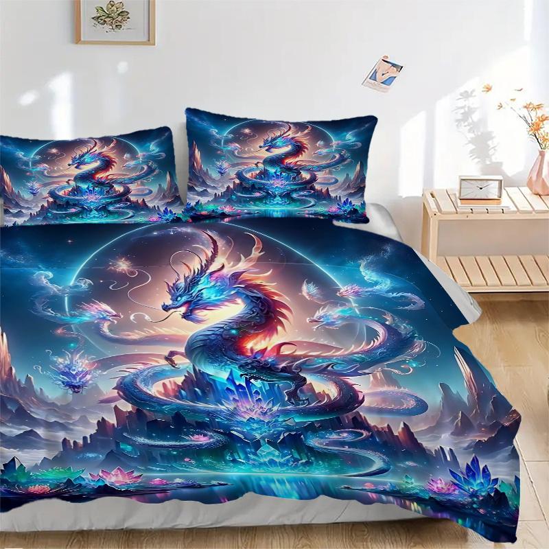 3pcs Enchanted Dragon Realm Printed Bedding Set, Soft and Comfortable Quilt Cover for Bedroom, Guest Room J036