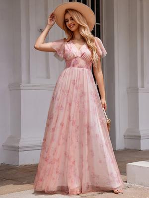 Ever-Pretty Vestidos de noche elegantes de manga corta con cuello en V y tul floral estampado en forma de A para mujer