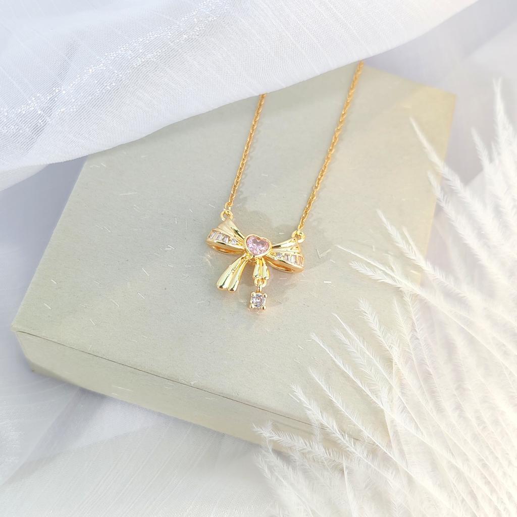 Love Bow Necklace Women'S Light Luxury Sweet Wind Heart-Shaped Zircon Pendant Collarbone Chain