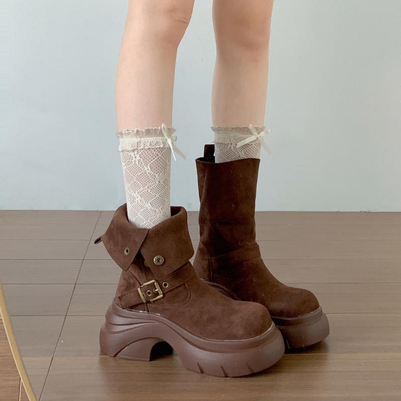 Vintage Platform Thick Heels Women Ankle Boots Punk Style Belt Buckle Knight Short Botas Autumn Winter Women's Shoes