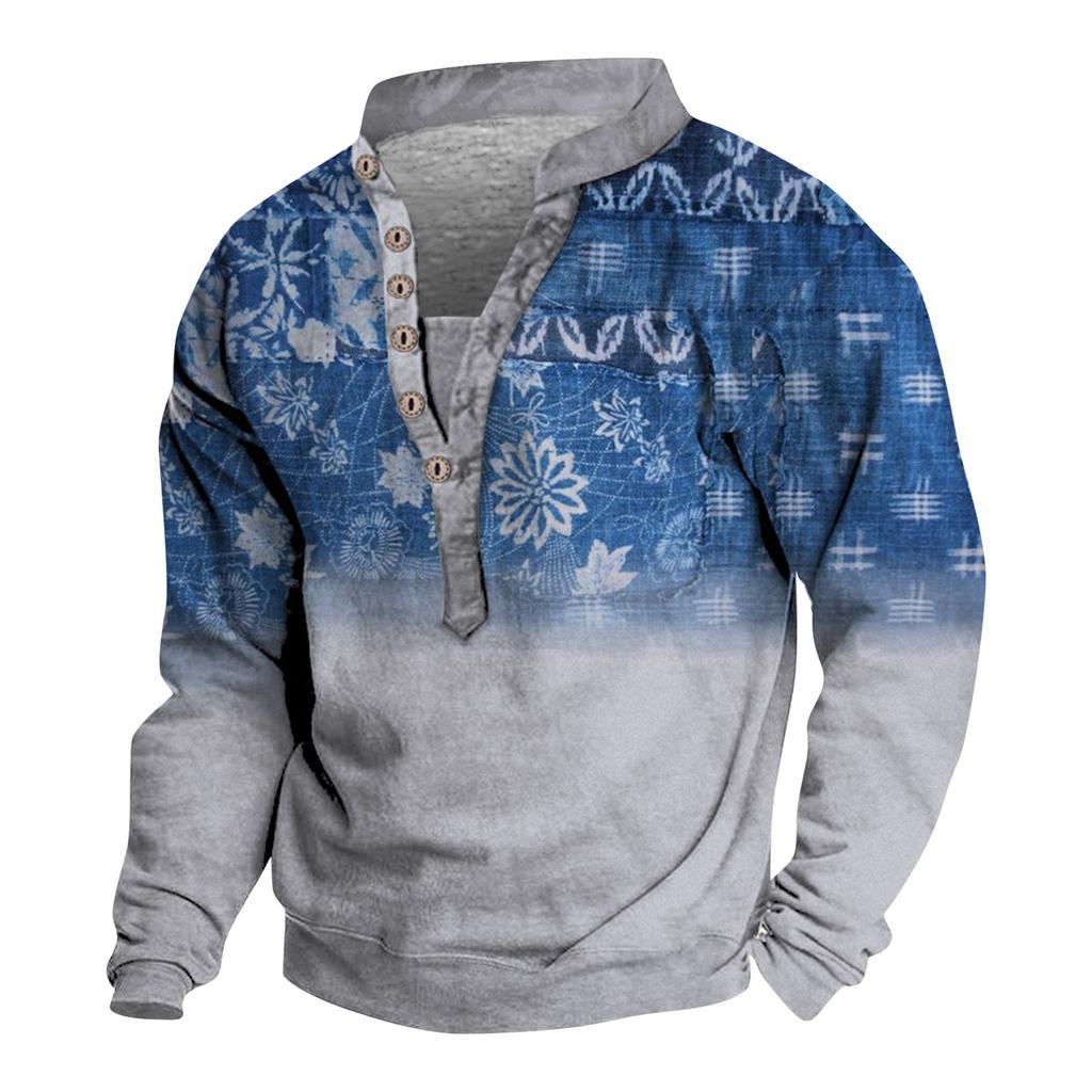 Pullover mit V-Ausschnitt für Herren, 3D-Digitaldruck, Stehkragen, 6 Knöpfe, Vintage-Kragen