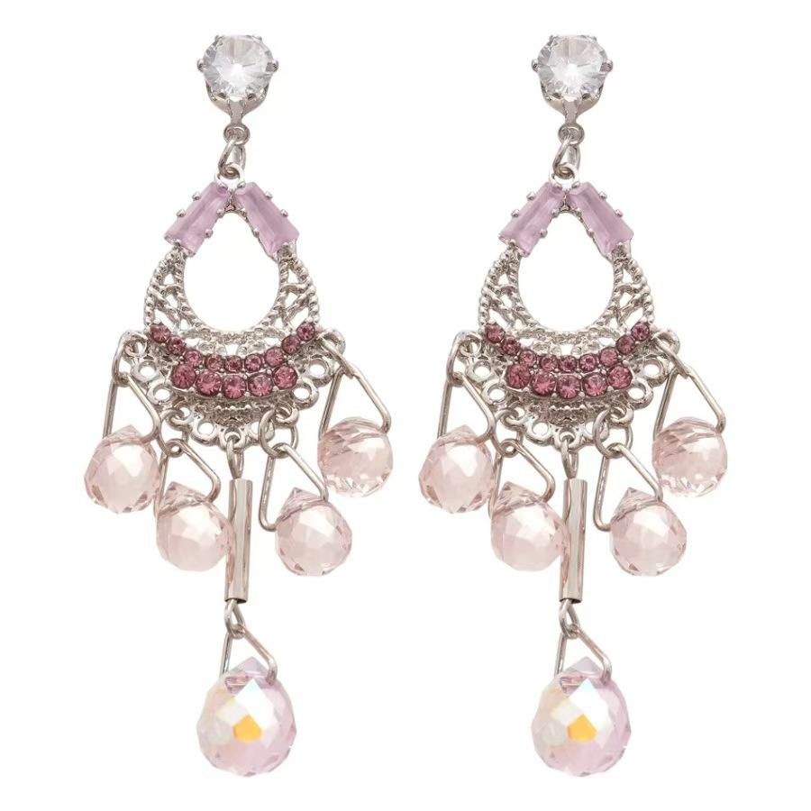 Boucles d'oreilles Vintage Style Ethnique Industrie Lourde Cristal Rose à Franges Ambiance Féminine Longues Boucles d'oreilles Style Bohème