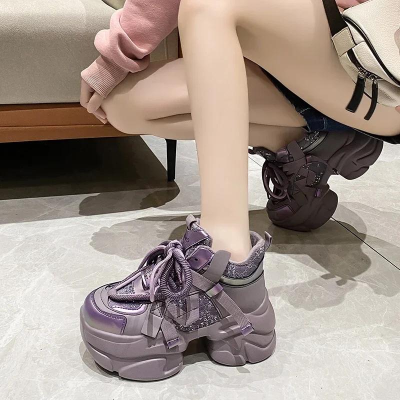 Модні Зимові Жіночі Масивні Теплі Хутряні Кросівки 8 См Висока Платформа Спортивні Кеди Тато Жіночі Блискучі Шкіряні Повсякденні Зимові Чоботи Zapatillas Mujer