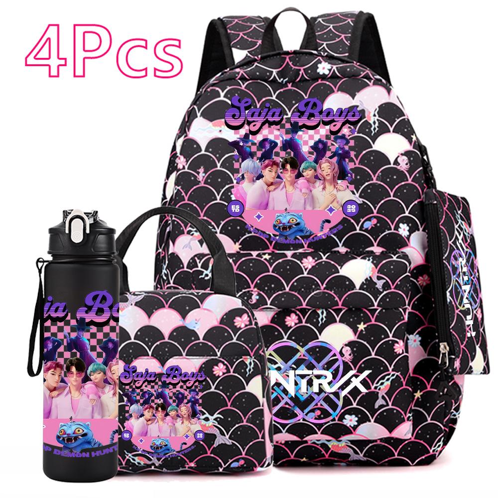 4Pcs/set Anime Cute Printed Backpack Large Capacity Bookbag HandBag Case Bag with 750ml Water Bottler Boy Girl SchoolBag Waterproof Mochila