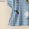 ZANZEA Women Casual Turn Down Collar Short Sleeve Loose Plaid Print Blouse