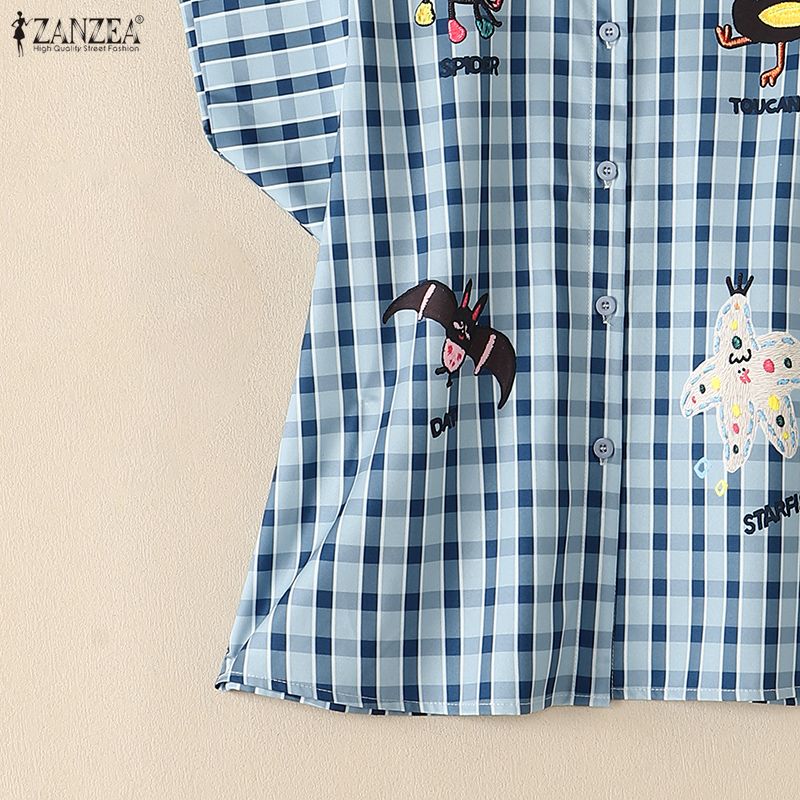 ZANZEA Women Casual Turn Down Collar Short Sleeve Loose Plaid Print Blouse