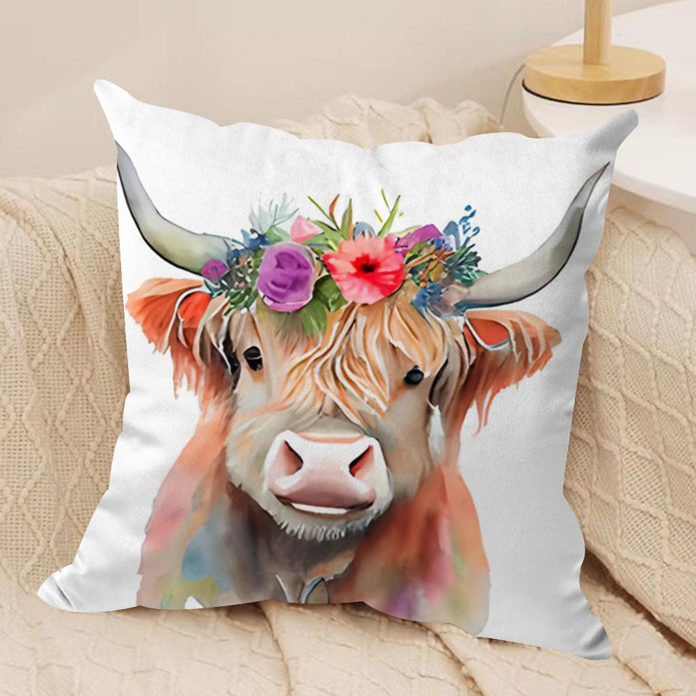 

Highland cow flower Cushion Cover Soft Plush Fabric DoubleSided Printed Cushion Covers for All Seasons Modern HomeDecor Gift 30x30cm