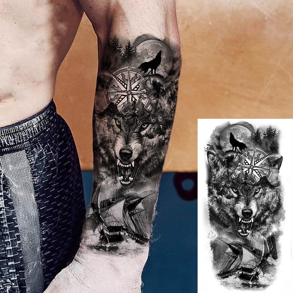 1 Sheet Lion Wolf Skeleton Nun Tiger Black Temporary Tattoos For Men Adult Leg Arm Compass Flower Fake Tattoo Sticker Waterproof