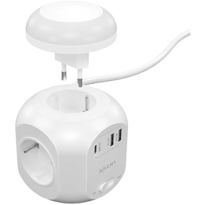 AISENS - ASPS-2A1CLPQ02-W - Multifunksjonell med 4 stikkontakter + 1Xusb-C 20 W Pd3.0, 2Xusb-A 18 W Qc3.0, Nattlys 1,8 m, Hvit