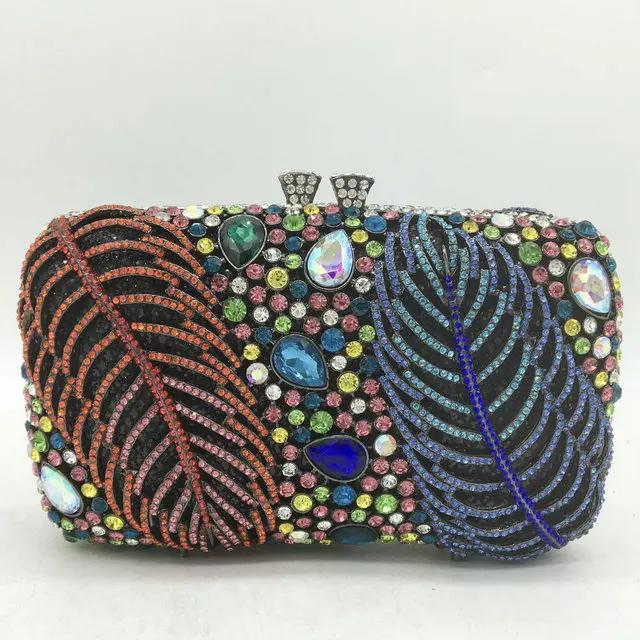 

Boutique De FGG Purple Crystal Evening Clutch Bags Women Formal Party Leaf Rhinestone Handbags Bridal Wedding Minaudiere Purse Mini Size