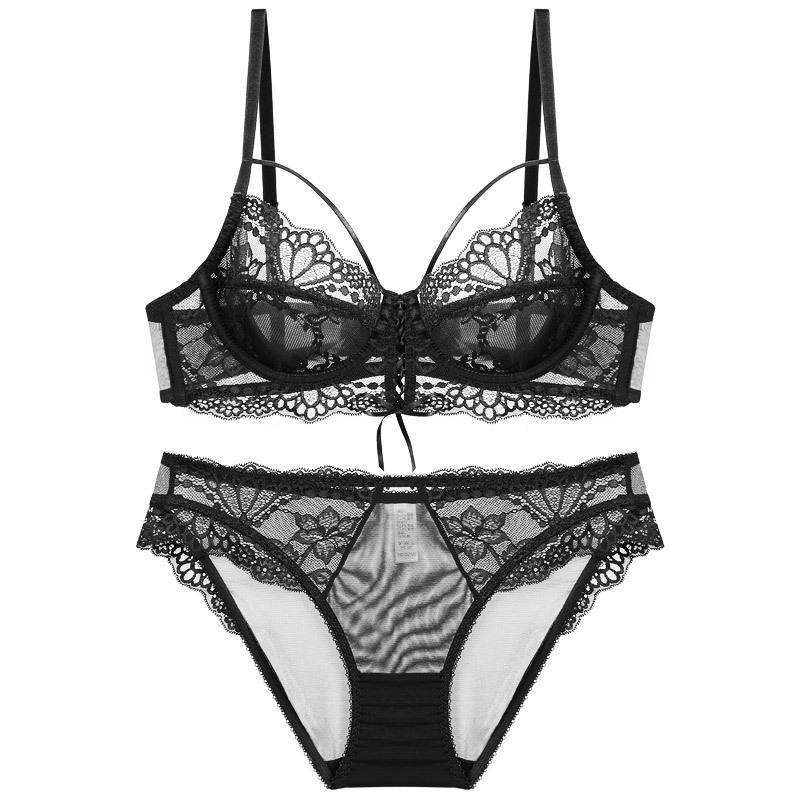 Sexy Ultra-thin Lace Underwear Fashion Ribbon Big Chest Small Semi-see-through Bra Suit Women