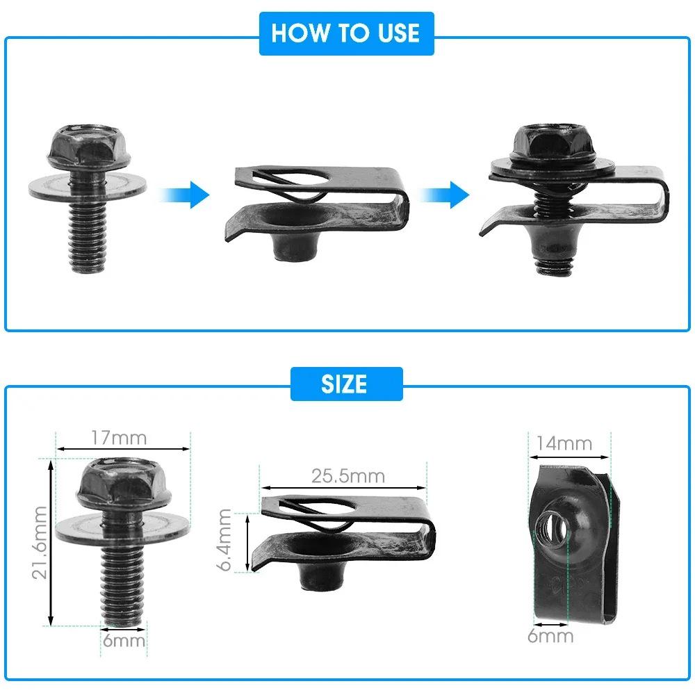 Honda/Toyota M6 Body Bolts & U-Nuts for Engine Cover, Underbody Splash Shield, Bumper