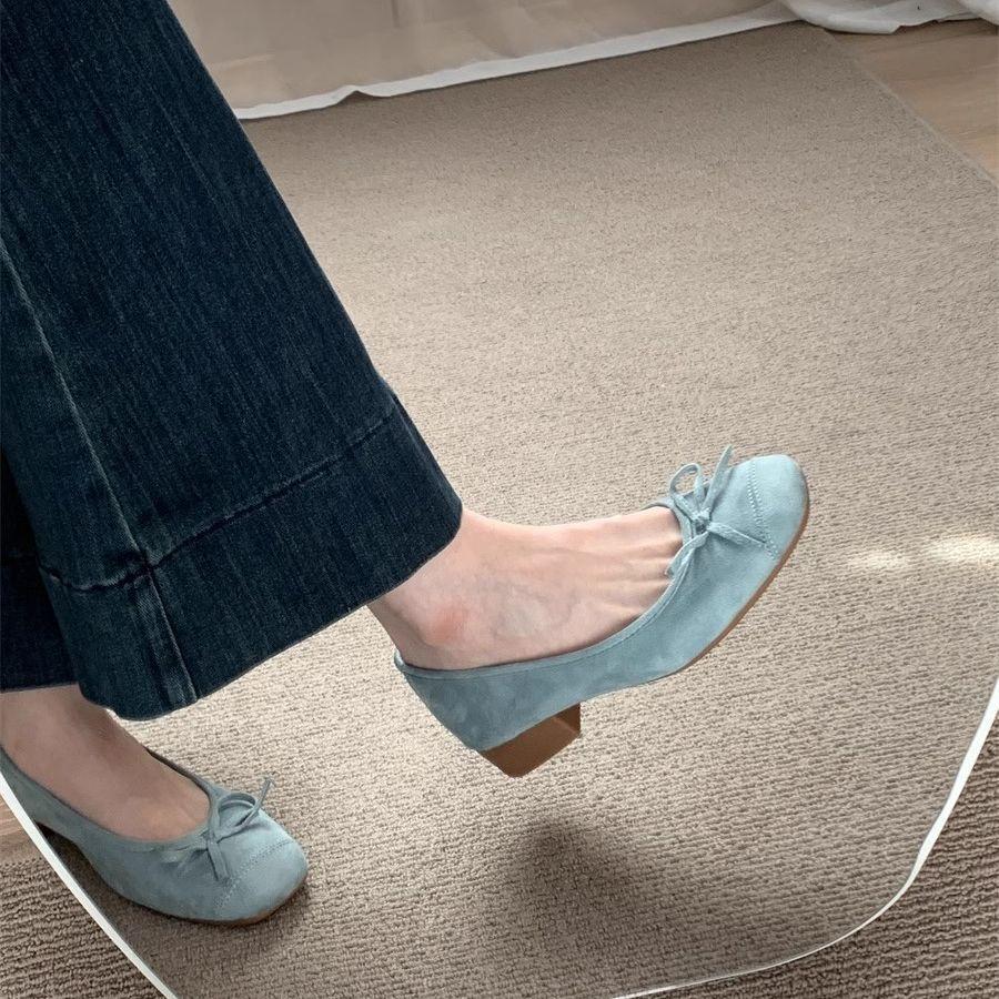 Thick Heel with Skirt Temperament Single Shoes Women's Shoes 2025 Spring, Summer and Autumn New French Blue Bow Light Mouth Ladyshoes