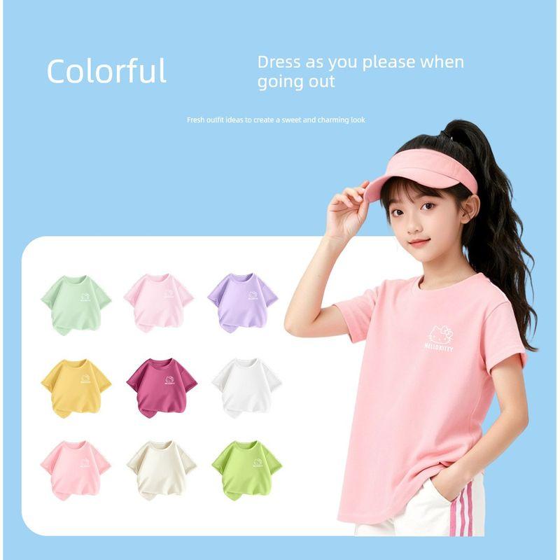 Hello Kitty Girls' White T-Shirt Children's Short-Sleeved Summer Wear Pure Cotton Simple Solid Color Top Breathable and Sweat-Absorbent Trendy