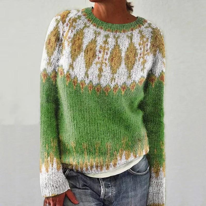 Womens Geometric Color Block Crewneck Sweater Loose Fit Long Sleeve Pullover Knit Top