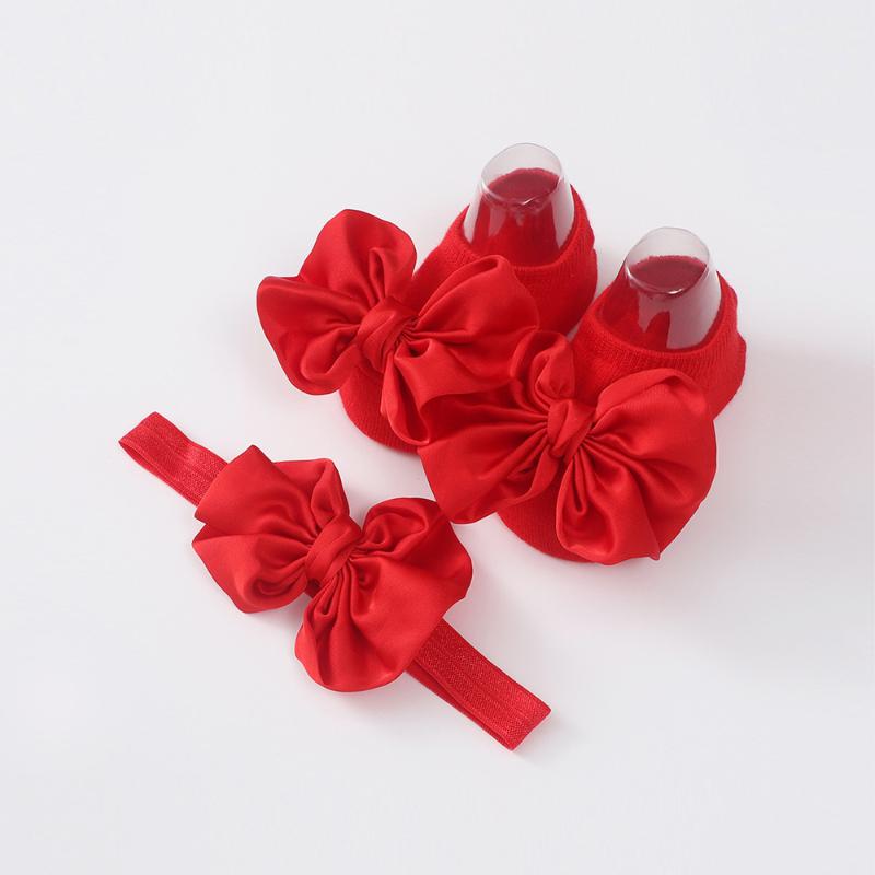 

Детские аксессуары Набор повязки-банта для малышей и носков для девочек-малышек однотонный с бантом эластичная повязка на голову тюрбан мягкие противоскользящие носки 2 шт 0-12 Months