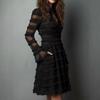 Sexy Sheer Mesh Fringe Trim Mini Dress Women Fashion Turn-Down Collar Party Dress Spring Autumn Long Sleeve Ruched A-Line Dress