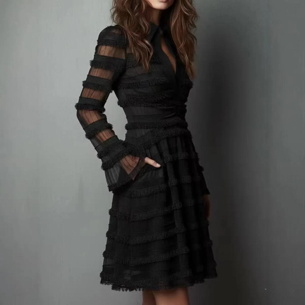 Sexy Sheer Mesh Fringe Trim Mini Dress Women Fashion Turn-Down Collar Party Dress Spring Autumn Long Sleeve Ruched A-Line Dress