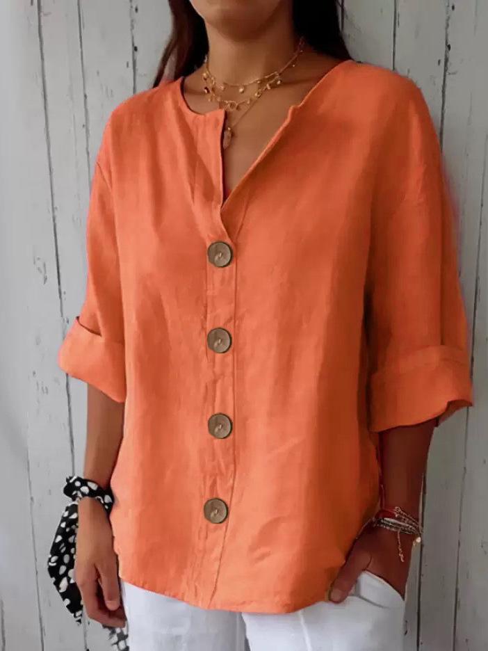 Women's 2025 Summer V-neck Cotton Linen Loose Button Shirt