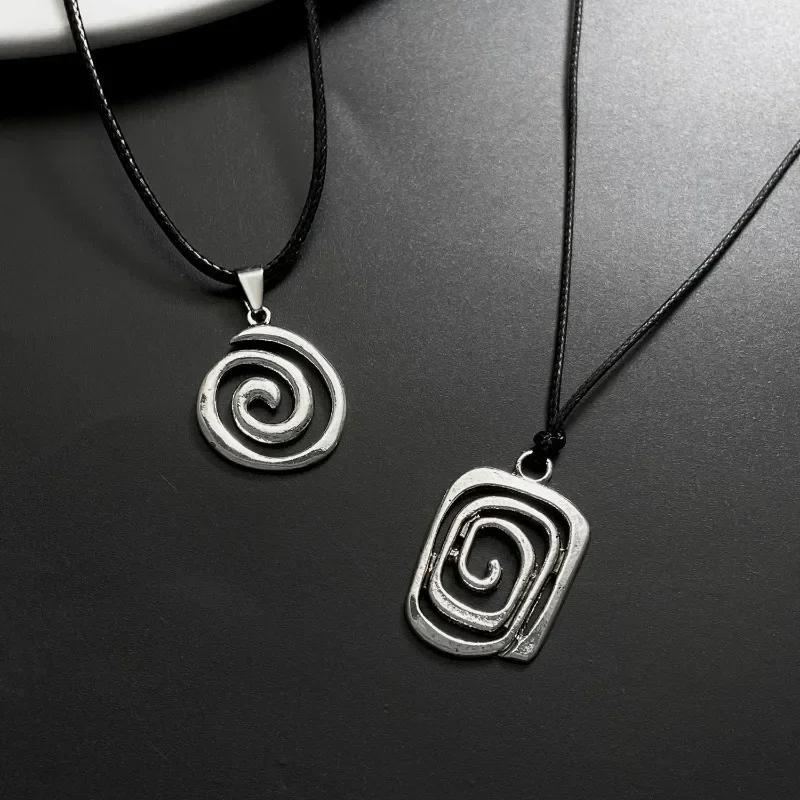 Y2K Spiral Vortex Pendant Necklace for Women Men Vintage Hand-woven Leather Rope Chain Necklace Grunge Jewelry Accessories