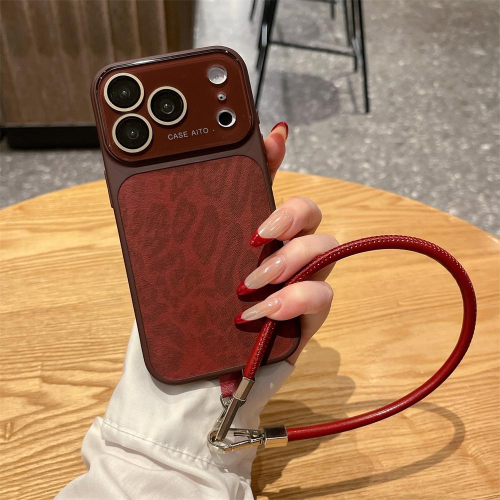 Luxury Wrist Strap Leather Lanyard Leopard Pattern Phone Case For iPhone 17 16 15 14 Pro Max 17Pro Full Lens Protection Cover
