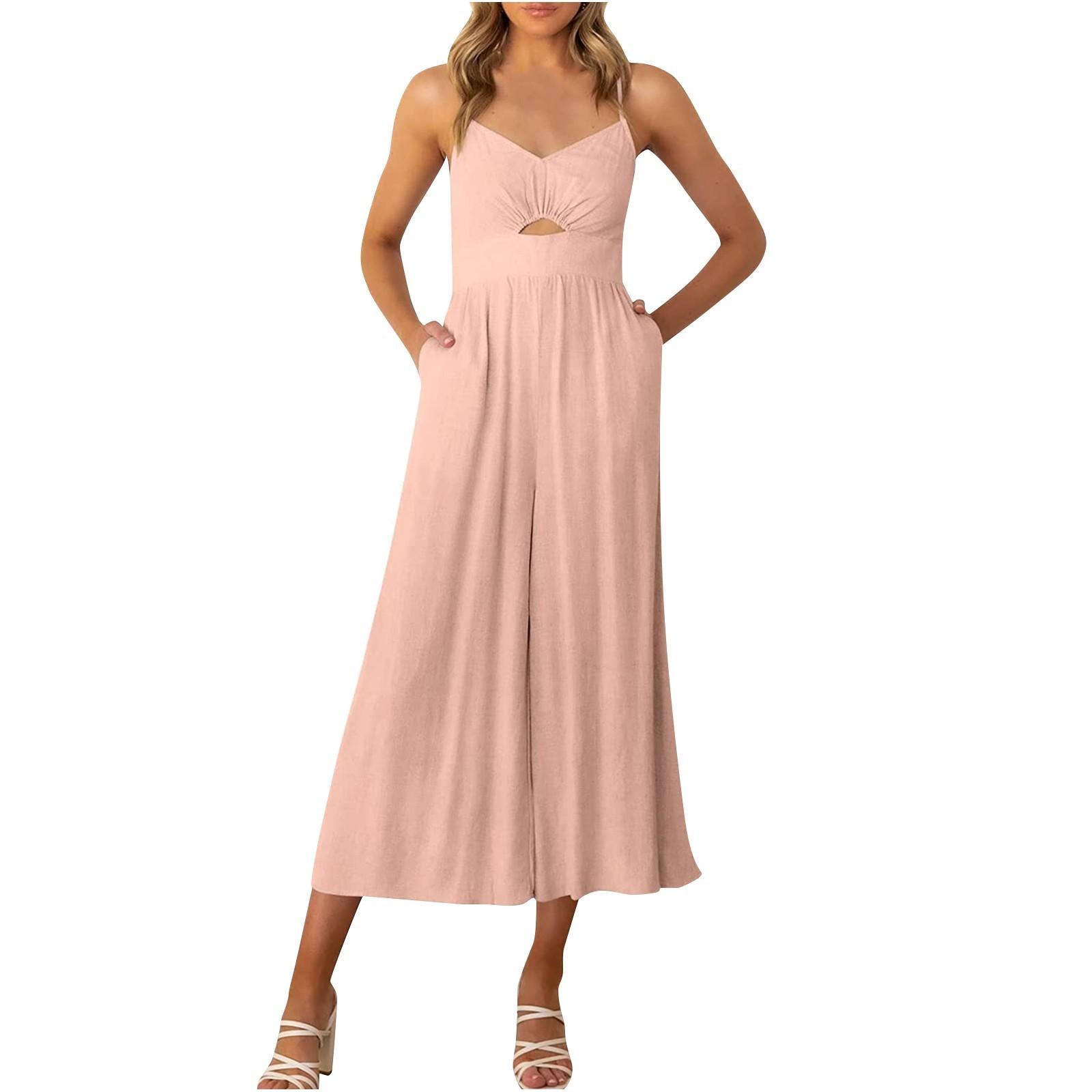 

(SU)Women s Fashion Leisure Solid Color Sleeveless Suspender Hollow Jumpsuit