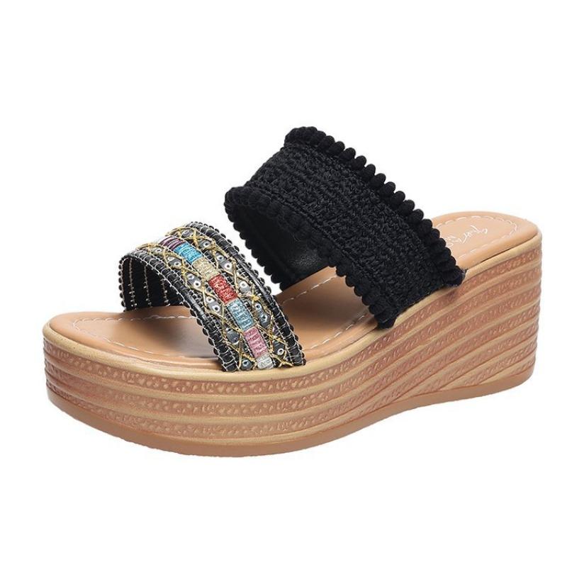 

Wedge slippers women s spring new one-line beach shoes women s woven sandals 35 чёрный