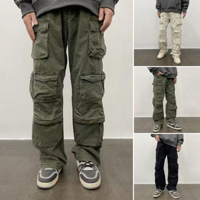 Unisex Cargo Pants Loose Adjustable Waist Solid Color Wide Leg Straight Multi Pockets