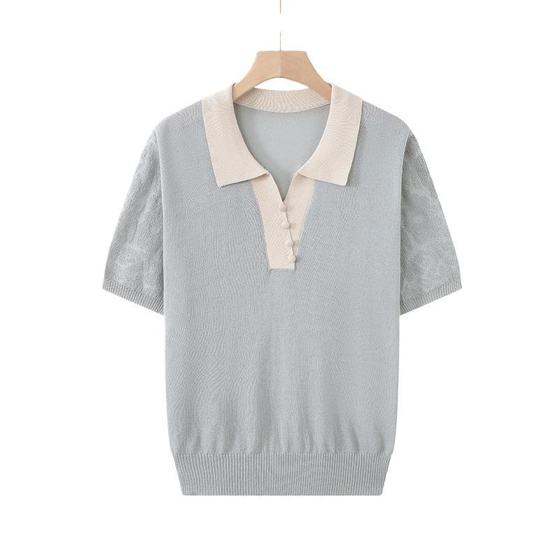 Ice Silk Short-Sleeve Knit T-Shirt with Lapel for Moms - Stylish Summer Fashion for Middle-Aged and Elderly Women