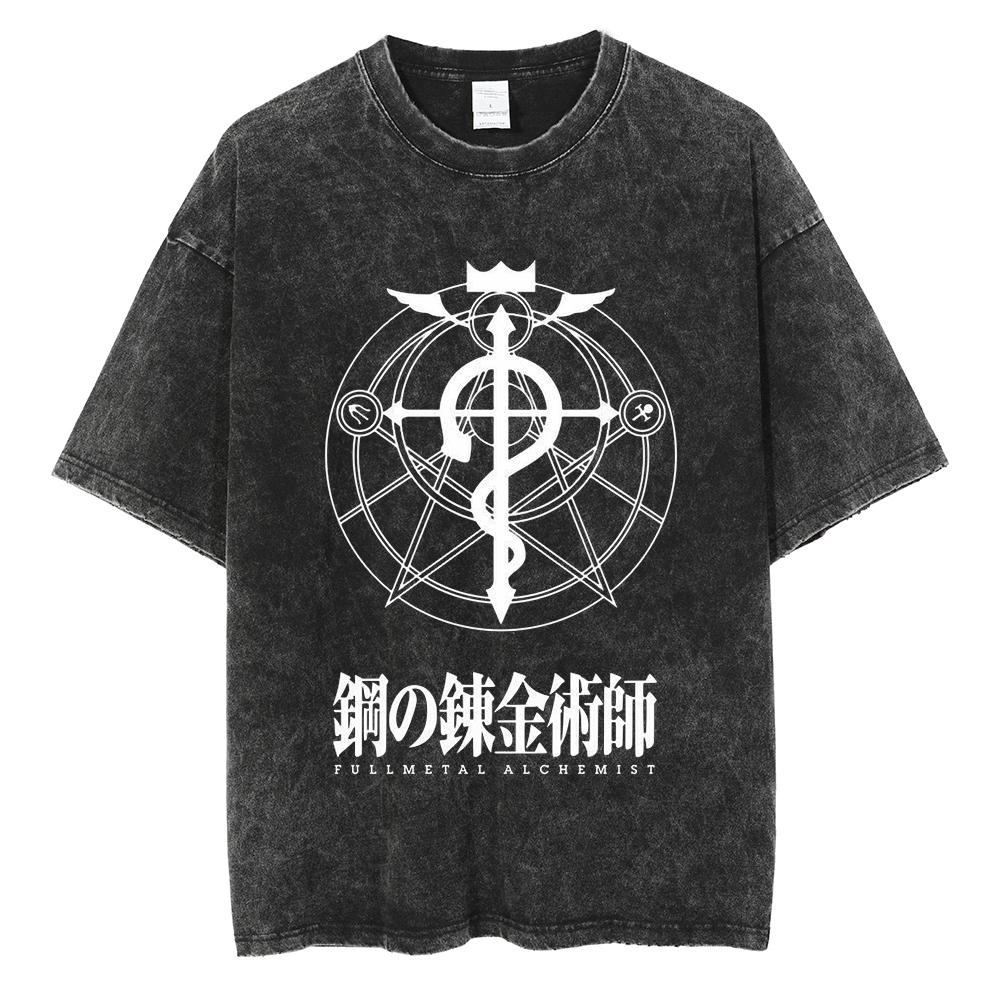 Anime Fullmetal Alchemist Logo Graphic Print T Shirt Men Women Vintage Manga Tshirts Washed Cotton Tshirt Harajuku Oversize Tee
