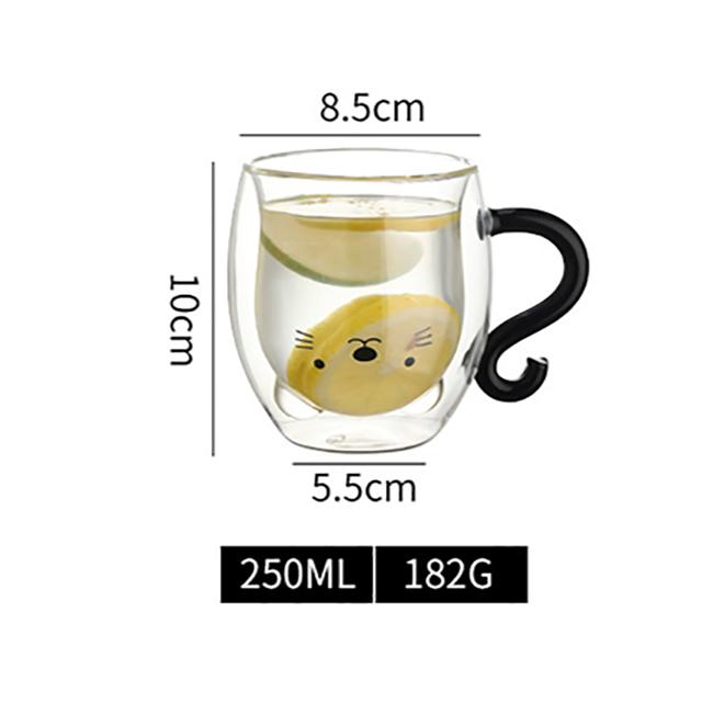 250ml Cartoon Cat Double Wall Glass Cute Coffee Tea Cup Heat-resistant Coffee Mug Handle Espresso Cup For Latte Cappuccino