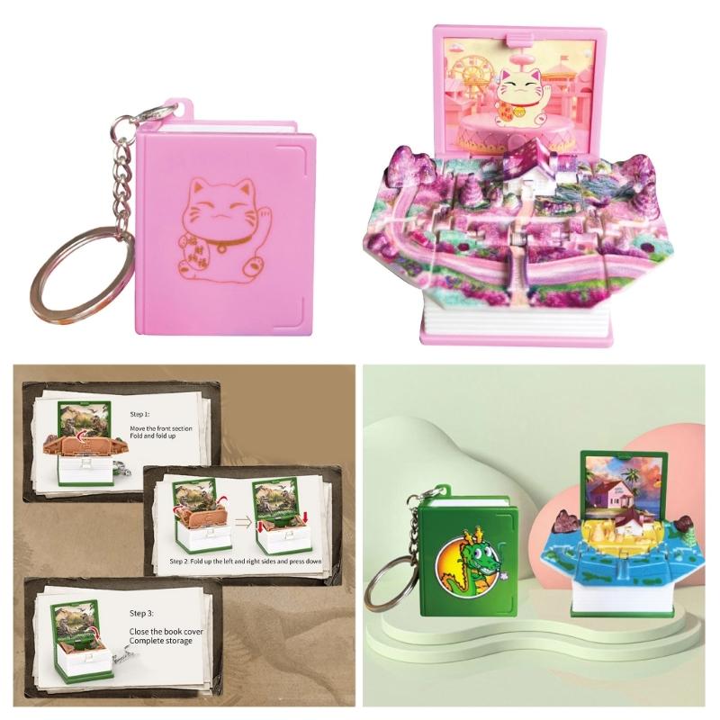 2026 new 3D Folding Book Keychain Fold Book Popup Dinosaur cat World Keyring For Kid Children Toy Dinosaur Party Gift