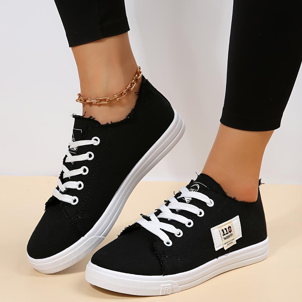 Women's Solid Color Canvas Shoes, Casual Lace Up Outdoor Shoes, Lightweight Low Top Sneakers