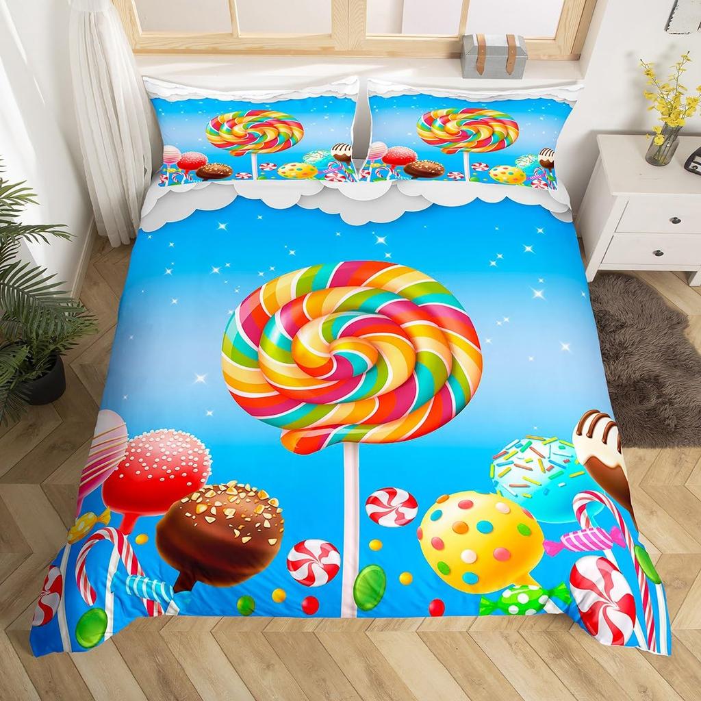Rainbow Lollipop Duvet Cover for Kids Boys Girls Queen Lightweight Quilt Covers Sweet Themed Bedding Set Room Decor No Comforter