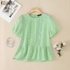ZANZEA Dame Casual Rund Hals Løs Sommer Kort Erm Bluse