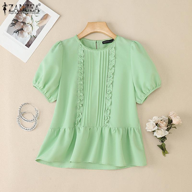 ZANZEA Dame Casual Rund Hals Løs Sommer Kort Erm Bluse