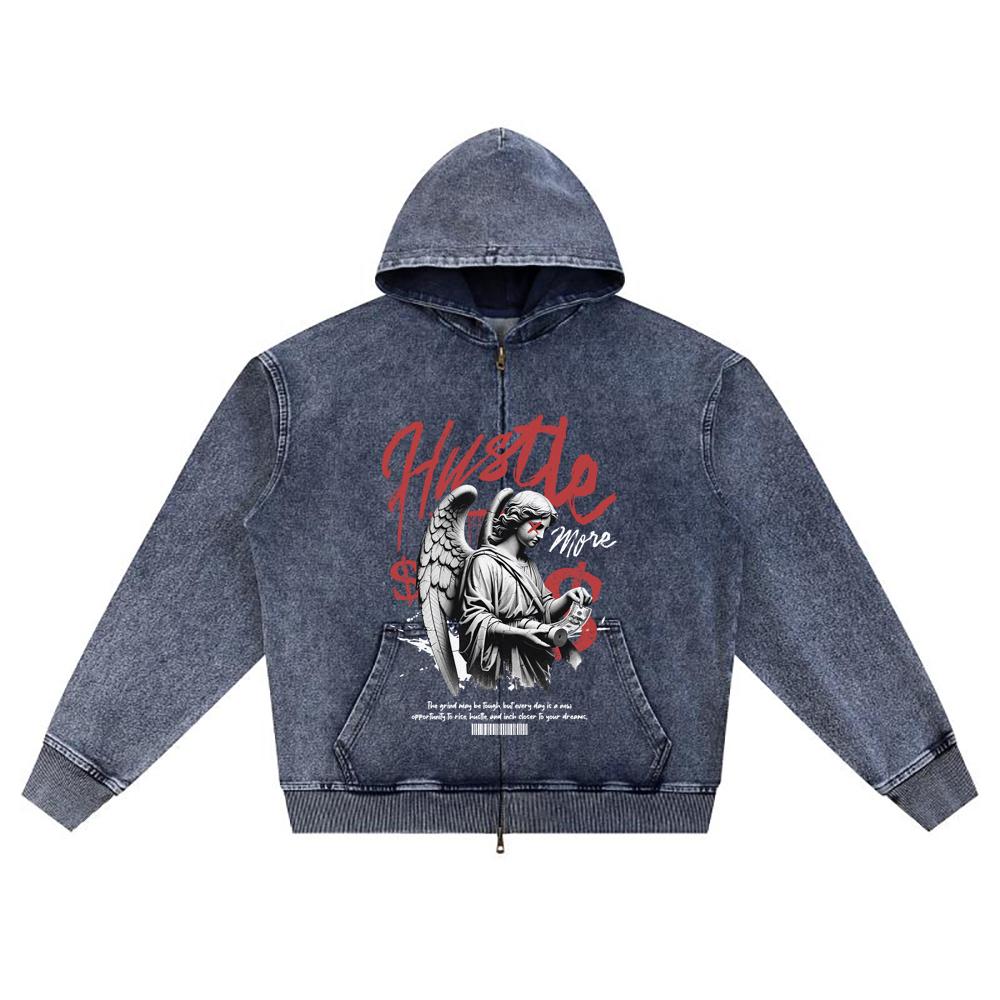 

DTG print Knitted Denim Zip-Up Hoodie Hustle More Brother Print Zipper Hoodies XL темно-синий