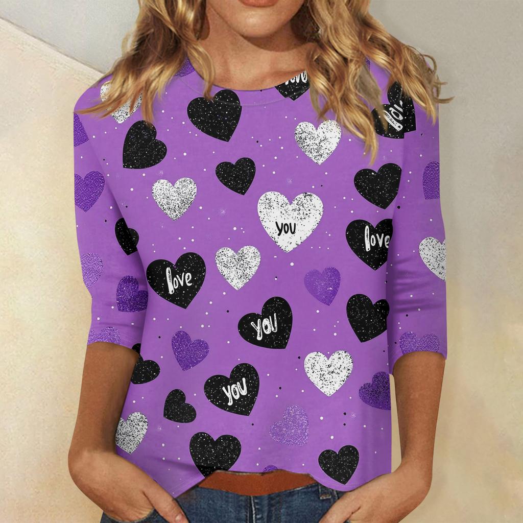 Damen Oberteile Dreiviertelarm Valentinstag Shirt Rundhals Lockeres Freizeitshirt