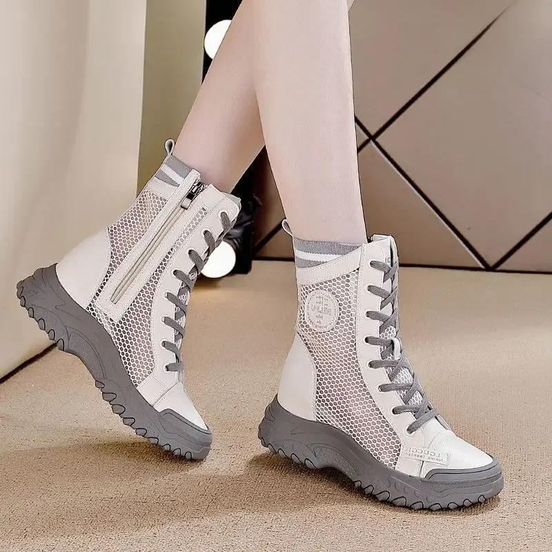 2024 Neue Mode Damen Frühling Sommer Stiefel Wadenhoch Erhöhter Absatz Kurz Atmungsaktiv Dünn Hohl Aus Freizeitstiefel