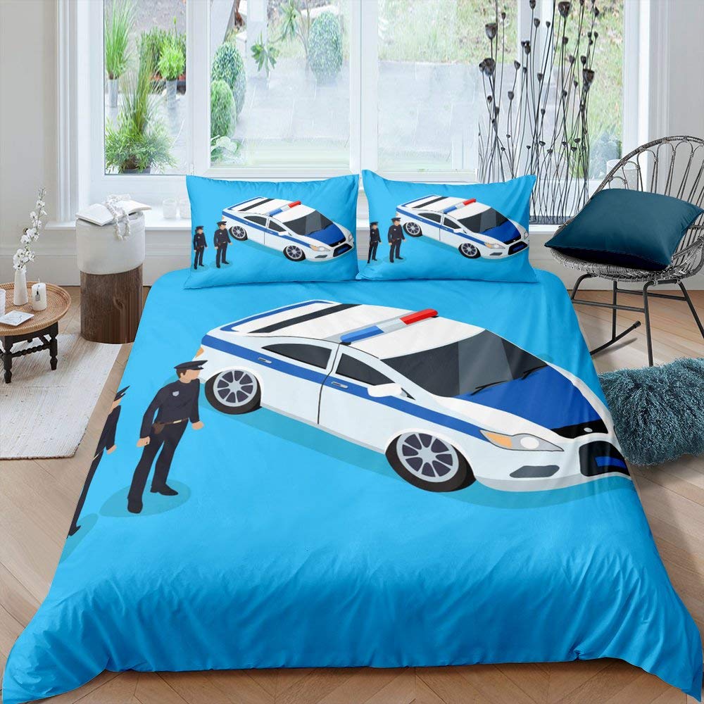 Police Car Duvet Cover Cartoon Set Car Blue Grey Emergency Responder Vehicles Polyester Quilt Cover With Pillowcases King Size
