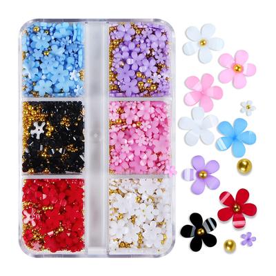 3D Flower Nail Charms, 3D Acrylic Flower Nail Art Rhinestones White Pink Mixed Cherry Blossom Spring Gems with Pearls Manicure DIY Nail Decorations