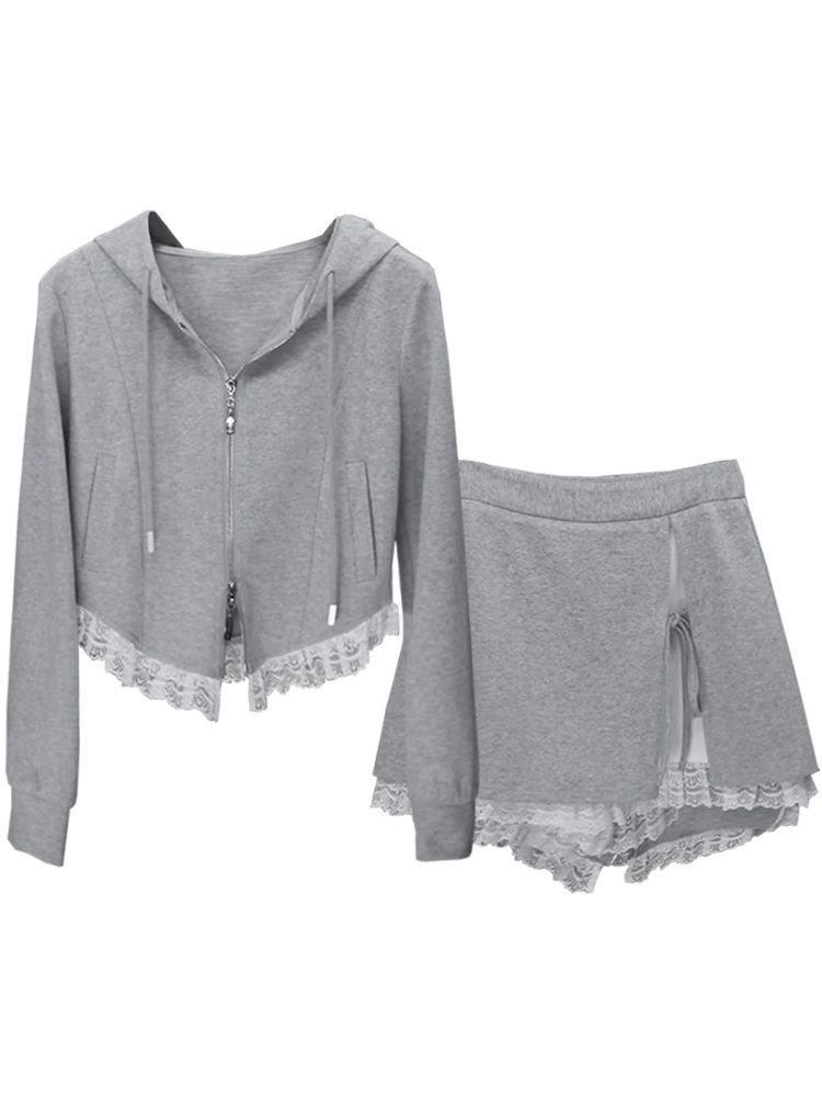 Lingerie Style Lace Hooded Sweatshirt And Midi Skirt Set For Casual Wear