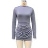 Women's Slim-Fit Pleated Dress: Long Sleeve, Waist-Cinching, Solid Color, Hip-Hugging Design