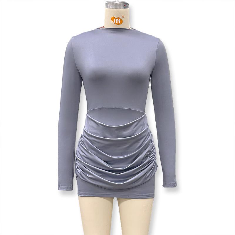 Women's Slim-Fit Pleated Dress: Long Sleeve, Waist-Cinching, Solid Color, Hip-Hugging Design