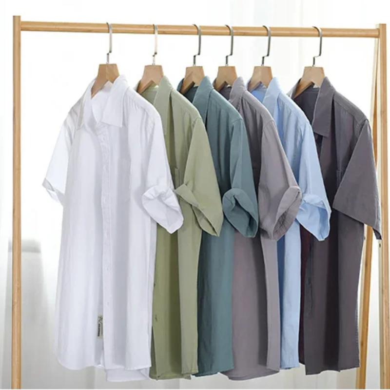 Summer Short Sleeve Shirt Men Daily Casual Tops Square Collar Soft and Comfortable Green Pure Cotton Shirt Korean Simple Style Men Clothing