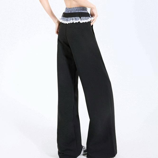 Plaid Patchwork Lace Double Waistband Wide-Leg Pants for Women - New 2025 Spring/Autumn Casual Long Pants