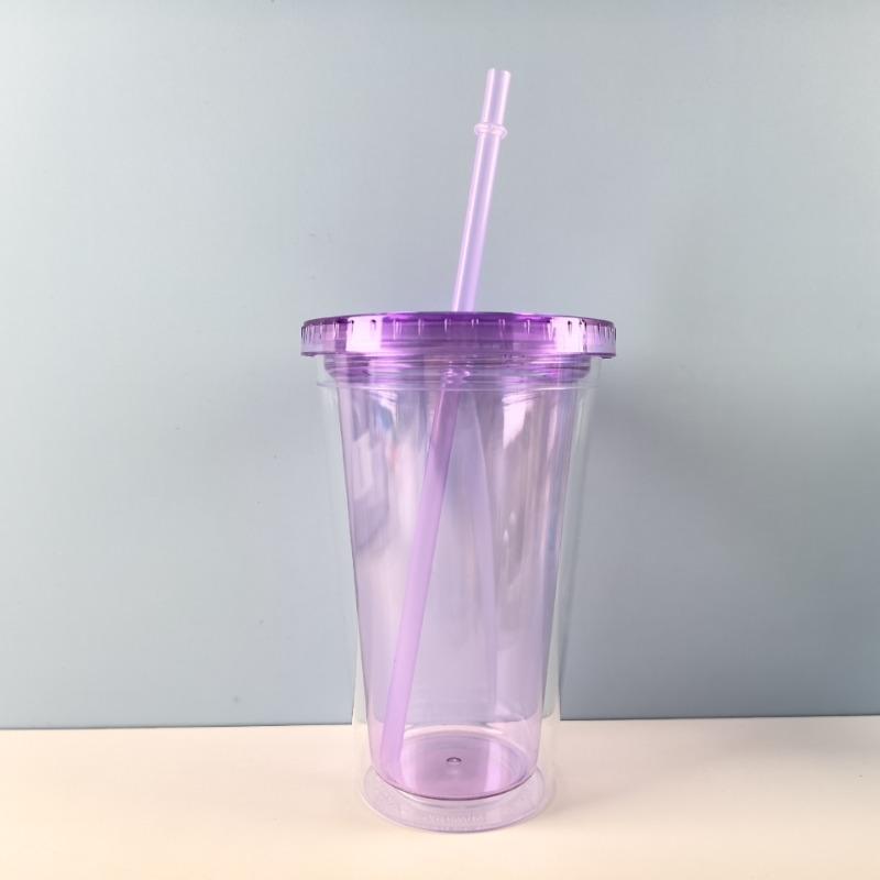 1PC 450ml Plastic Straw Cup Double Layer Transparent Drinking Cup Reusable Cold Cup Plastic Straw Tumbler with Straw and Lid
